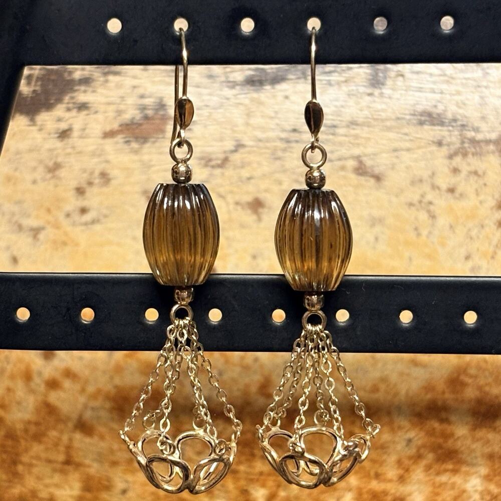 14K Yellow Gold and Smoky Topaz Basket Dangle/Drop Earrings